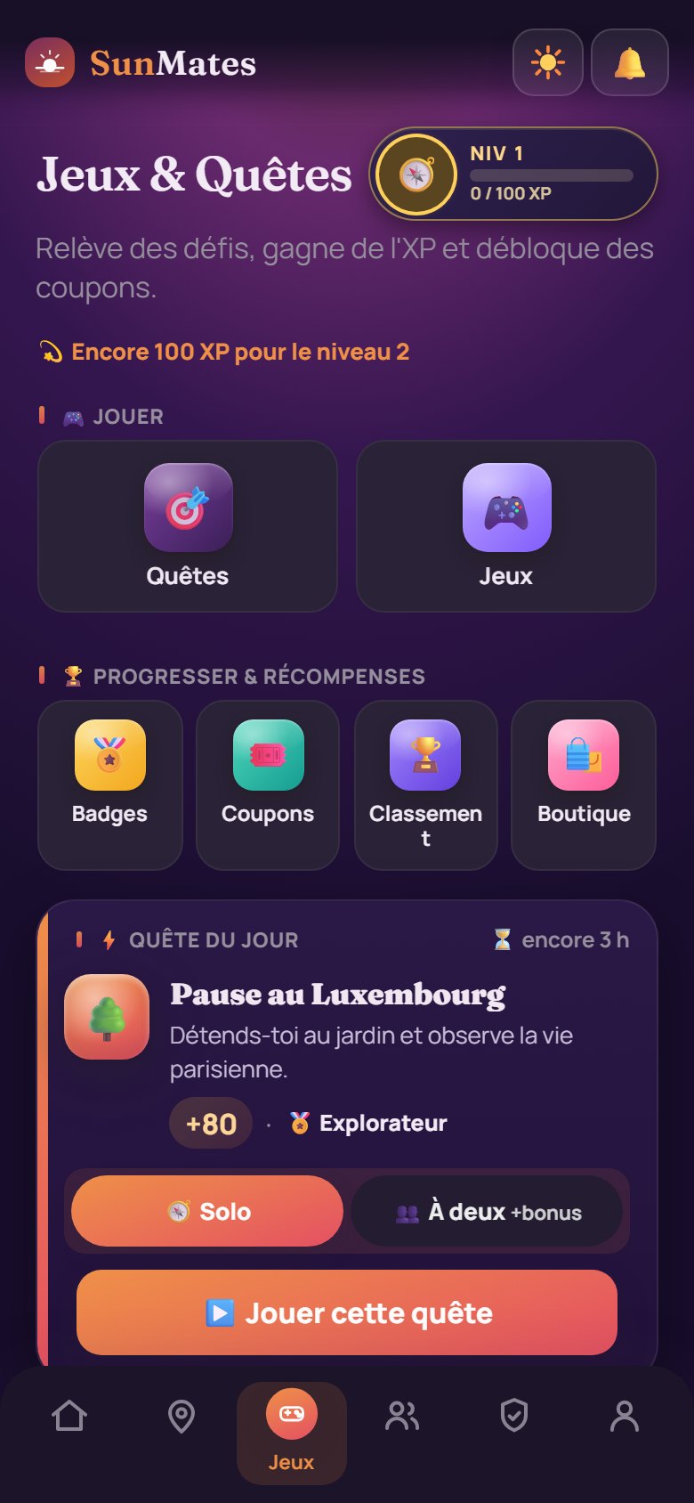 Écran Jeux et Quêtes : niveau, quête du jour, badges, coupons et classement.