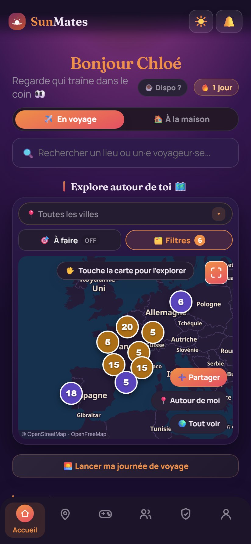 Écran d'accueil de SunMates : carte vivante des voyageurs et des lieux autour de toi.